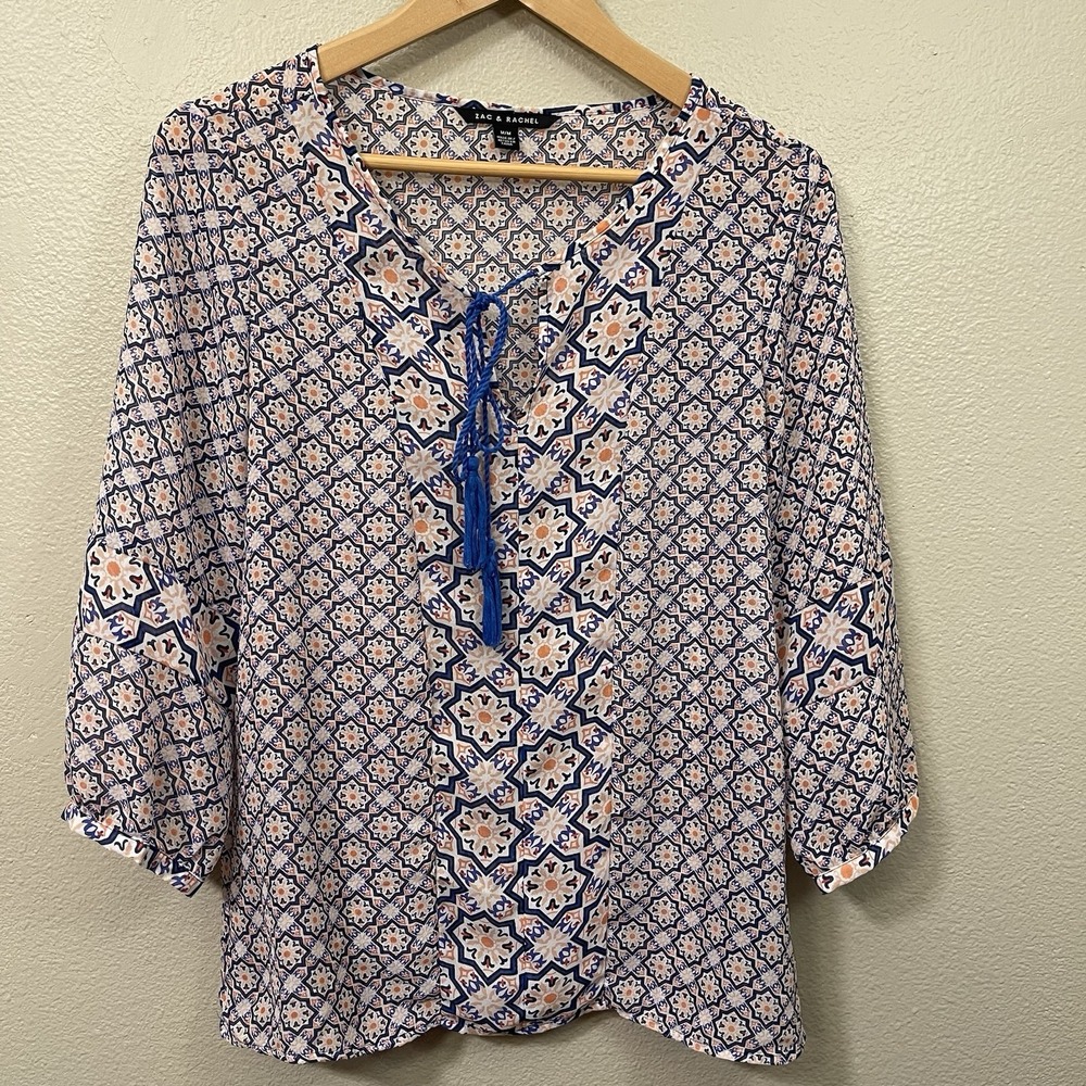 Zac & Rachel Semi Sheer Peasant Top 3/4 Sleeves Tassel Tie Blue Multi Boho Sz M